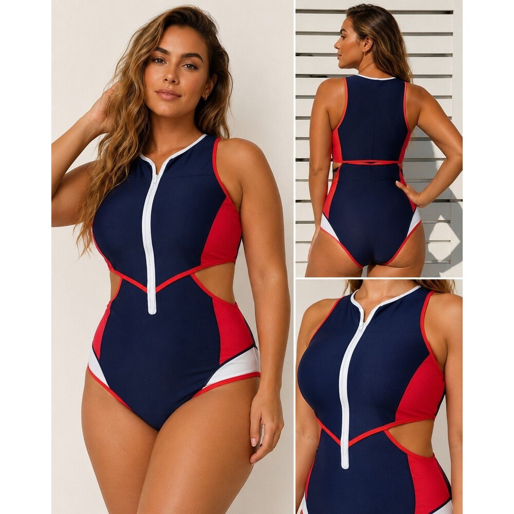 Duskii Inspired women Bathing Suit XXL Monokini Cut Out Tank Kailua Navy Red